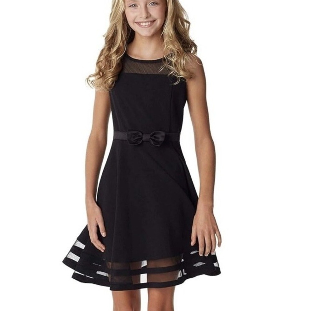 Calvin Klein Girls Black Dressy Fit & Flare Dress Mesh Hem Size 6-7